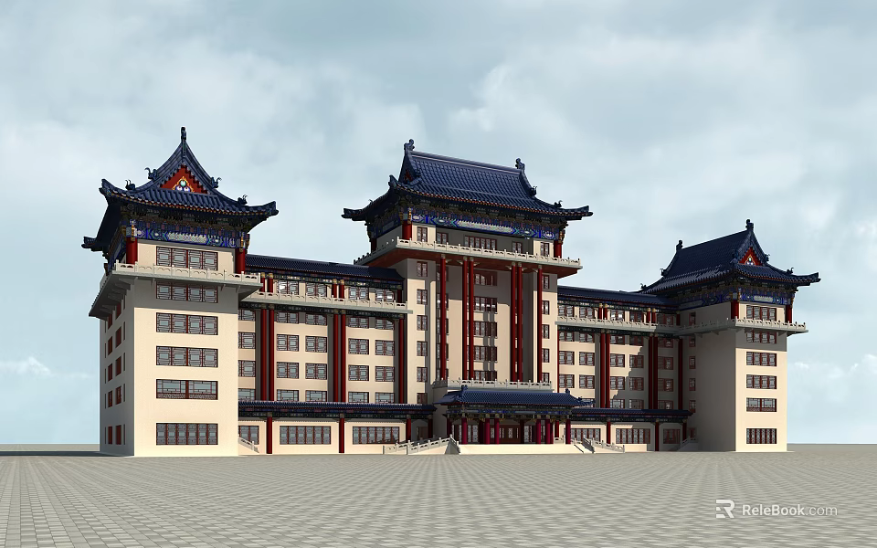 Traditional Ancient Chinese Architecture with Blue Tiled Roofs Red Pillars Overhanging Eaves and White Walls 3d model 