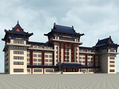 Traditional Ancient Chinese Architecture with Blue Tiled Roofs Red Pillars Overhanging Eaves and White Walls 3d model