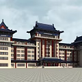 Traditional Ancient Chinese Architecture with Blue Tiled Roofs Red Pillars Overhanging Eaves and White Walls
