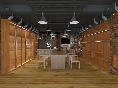 Cozy Interior Space Featuring Wooden Walls Brick Accents Pendant Lights And Central Table 3d model