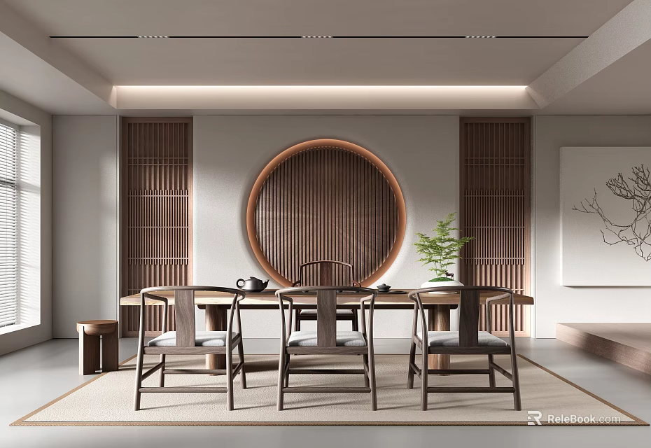 Traditional Tea Room Interior Design With Wooden Screens Round Panel And Tea Set 3d model 