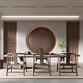 Traditional Tea Room Interior Design With Wooden Screens Round Panel And Tea Set
