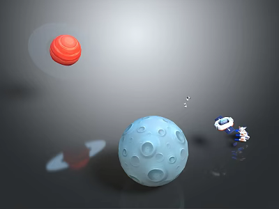 Cartoon Space Scene With Red Planet Blue Moon Craters And Small Astronaut Character 3d model