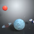 Cartoon Space Scene With Red Planet Blue Moon Craters And Small Astronaut Character