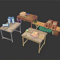 Vintage Wooden Desks Setup With Papers Books And Storage Boxes