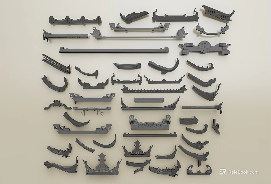 Ornamental Architectural Components With Various Shapes Carved Details And Curved Lines 3d model 