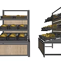 Retail Display Shelves Featuring Multiple Layers Wooden Base and Metal Frames Holding Bread Storage Baskets