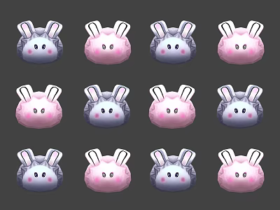 Cute Rabbit Stuffed Toys in Pink Purple Colors with White Ears and Blush Cheeks 3d model