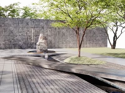 Grey Stone Landscape Wall with Trees Stone Sculpture Small Water Feature and Paved Pathway 3d model
