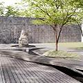 Grey Stone Landscape Wall with Trees Stone Sculpture Small Water Feature and Paved Pathway