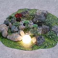 Mini Garden Decor with Circular Green Lawn Rocks Succulents Red Ornament and Glowing White Sphere