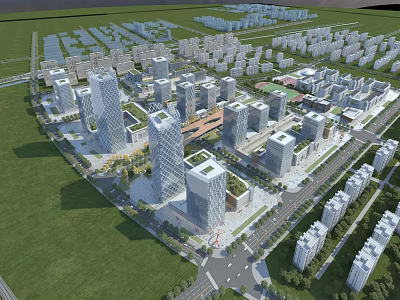 Aerial View Urban Planning with High Rise Buildings Road Networks and Green Spaces 3d model