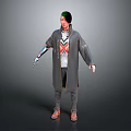 Futuristic Game Movie Character With Mechanical Arm Grey Coat X Symbol And Orange Shoes