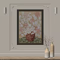Elegant Oil Painting of Red Vase with Pink and White Flowers in Ornate Frame