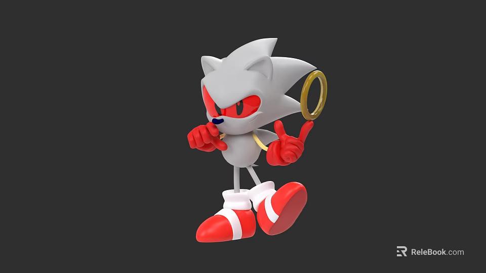 Game Hedgehog Character with Gray Body Red Eyes Red Gloves Red Shoes Holding Gold Ring 3d model 