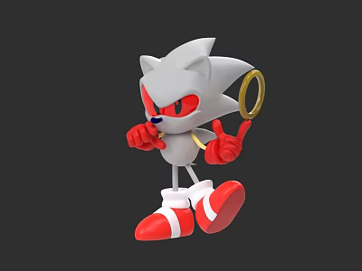 Game Hedgehog Character with Gray Body Red Eyes Red Gloves Red Shoes Holding Gold Ring 3d model