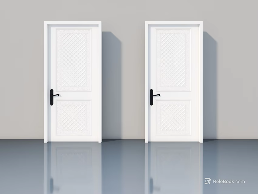 Two Modern White Hinged Doors Featuring Intricate Patterned Design and Black Handles 3d model