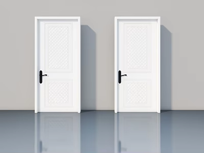 Two Modern White Hinged Doors Featuring Intricate Patterned Design and Black Handles 3d model