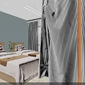 Hotel Guest Room Interior With Twin Beds Green Walls Window Curtains And Shelf