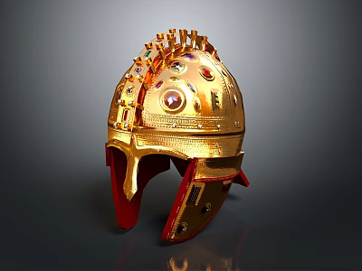 Ancient Golden Helmet With Ornate Gemstone Decorations And Red Accents 3d model