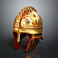 Ancient Golden Helmet With Ornate Gemstone Decorations And Red Accents