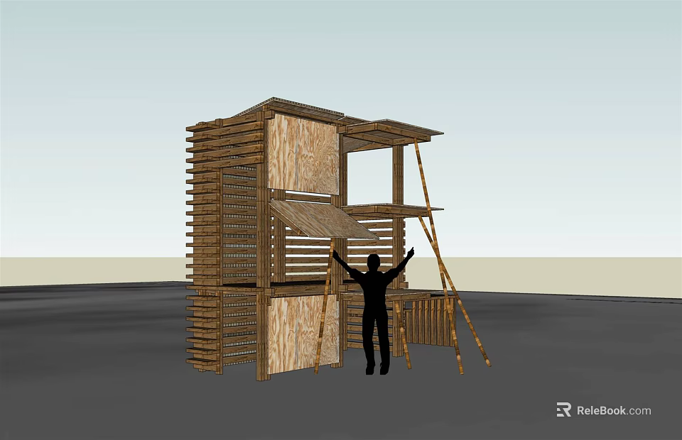 Rustic Wooden House Multi Level Design With Platform And Supporting Poles 3d model 