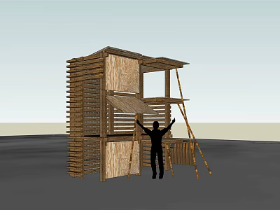 Rustic Wooden House Multi Level Design With Platform And Supporting Poles 3d model