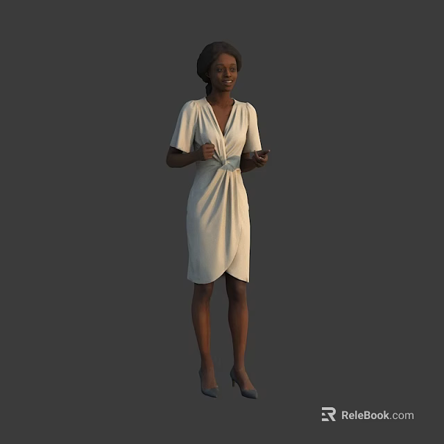 Woman In White V Neck Wrap Dress Holding Phone Standing With High Heels 3d model 