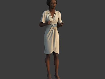 Woman In White V Neck Wrap Dress Holding Phone Standing With High Heels 3d model