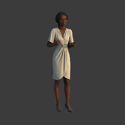 Woman In White V Neck Wrap Dress Holding Phone Standing With High Heels 3d model