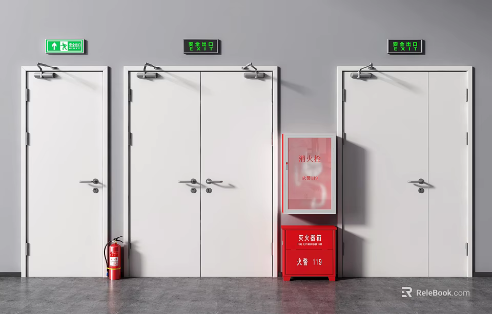 Safety Exit Setup With Green Signs White Doors Red Fire Cabinets And Extinguishers 3d model 