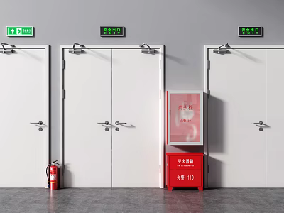 Safety Exit Setup With Green Signs White Doors Red Fire Cabinets And Extinguishers 3d model