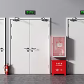 Safety Exit Setup With Green Signs White Doors Red Fire Cabinets And Extinguishers