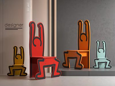 Colorful Designer Kids Chairs With Cartoon Character Shapes In Red Orange Yellow And Blue 3d model