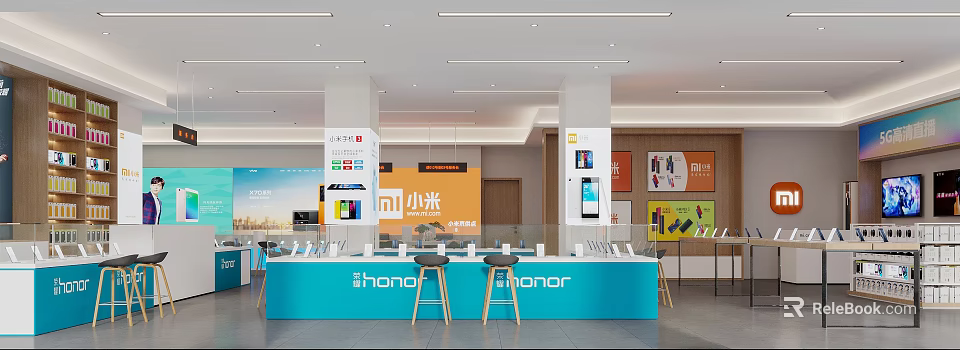 Modern Digital Retail Store Featuring Xiaomi Honor Smartphones Display Counters And Stools 3d model 