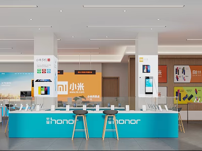 Modern Digital Retail Store Featuring Xiaomi Honor Smartphones Display Counters And Stools 3d model