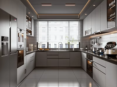 Modern Kitchen Interior Design With Built in Cabinets Appliances And Window Blinds 3d model