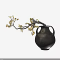 Two Decorative Black Vases With Golden Patterns Holding Yellow Flowering Branches 3d model