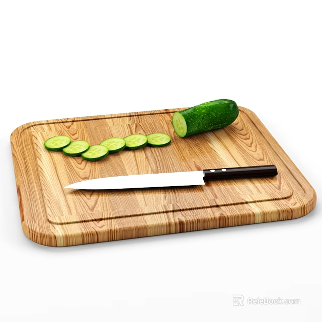Wooden Cutting Board With Chef Knife And Sliced Cucumber On Kitchen Counter 3d model 
