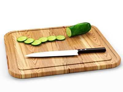 Wooden Cutting Board With Chef Knife And Sliced Cucumber On Kitchen Counter 3d model