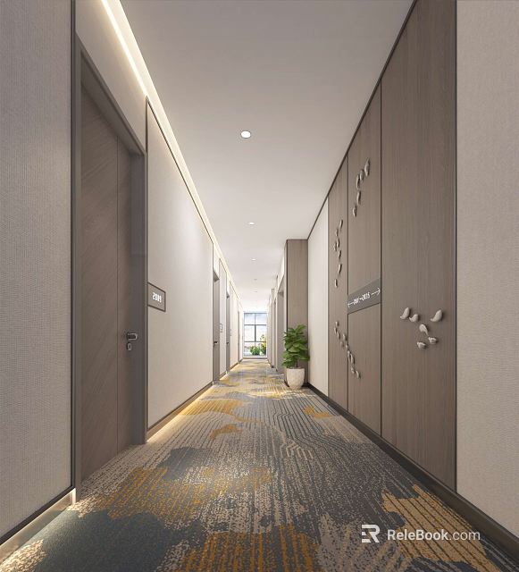 Modern Hotel Corridor Interior With Long Hallway Doors Wall Decorations Patterned Carpet And Green Plant 3d model 