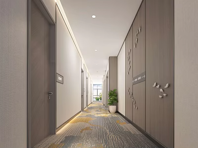 Modern Hotel Corridor Interior With Long Hallway Doors Wall Decorations Patterned Carpet And Green Plant 3d model