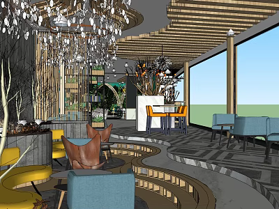 Elegant Cafe Interior Design With Crystal Chandelier Wooden Ceiling And Comfortable Seating 3d model
