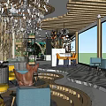 Elegant Cafe Interior Design With Crystal Chandelier Wooden Ceiling And Comfortable Seating