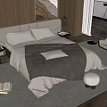 Double Bed Interior With Wooden Headboard Quilt Pillows Nightstand Lamp Armchair Rug And Wooden Floor