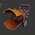 Mechanical Weapon With Orange Yellow Blades Sharp Edges Green Lights And Blue Handle