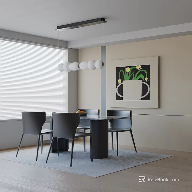 Modern Dining Table Set With Black Chairs Pendant Lights And Wall Artwork By Window 3d model