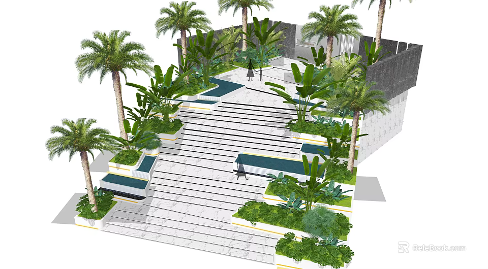 Tropical Commercial Landscape With Palm Trees White Staircase Green Foliage And Water Pools 3d model 
