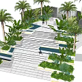 Tropical Commercial Landscape With Palm Trees White Staircase Green Foliage And Water Pools