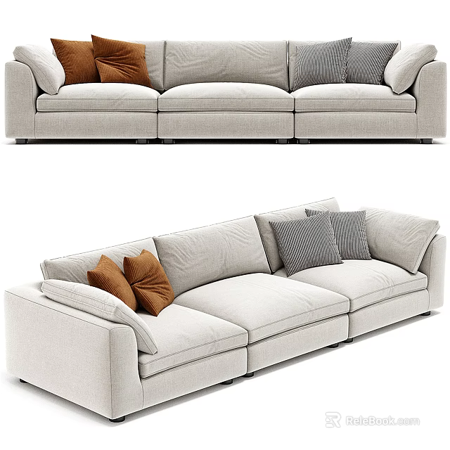 Modern Light Beige Fabric Three Seater Sofa With Brown Gray Pillows 3d model